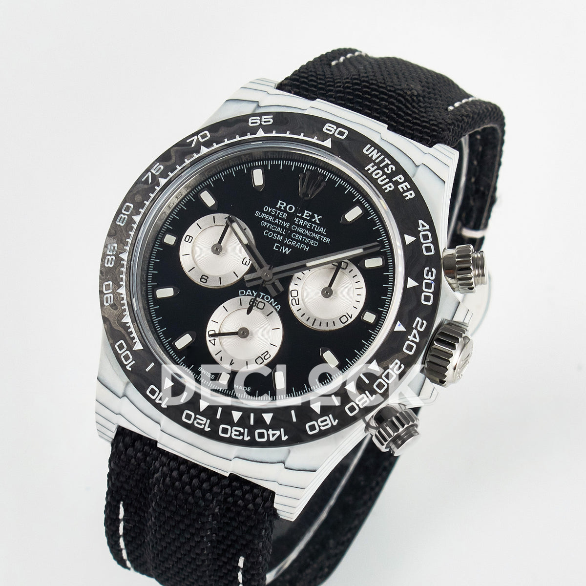 Rolex Daytona Custom White Carbon Black Dial Black Strap N6F A4130 replica - angled front