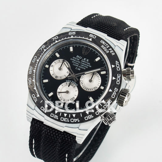 Rolex Daytona Custom White Carbon Black Dial Black Strap N6F A4130 replica - angled front