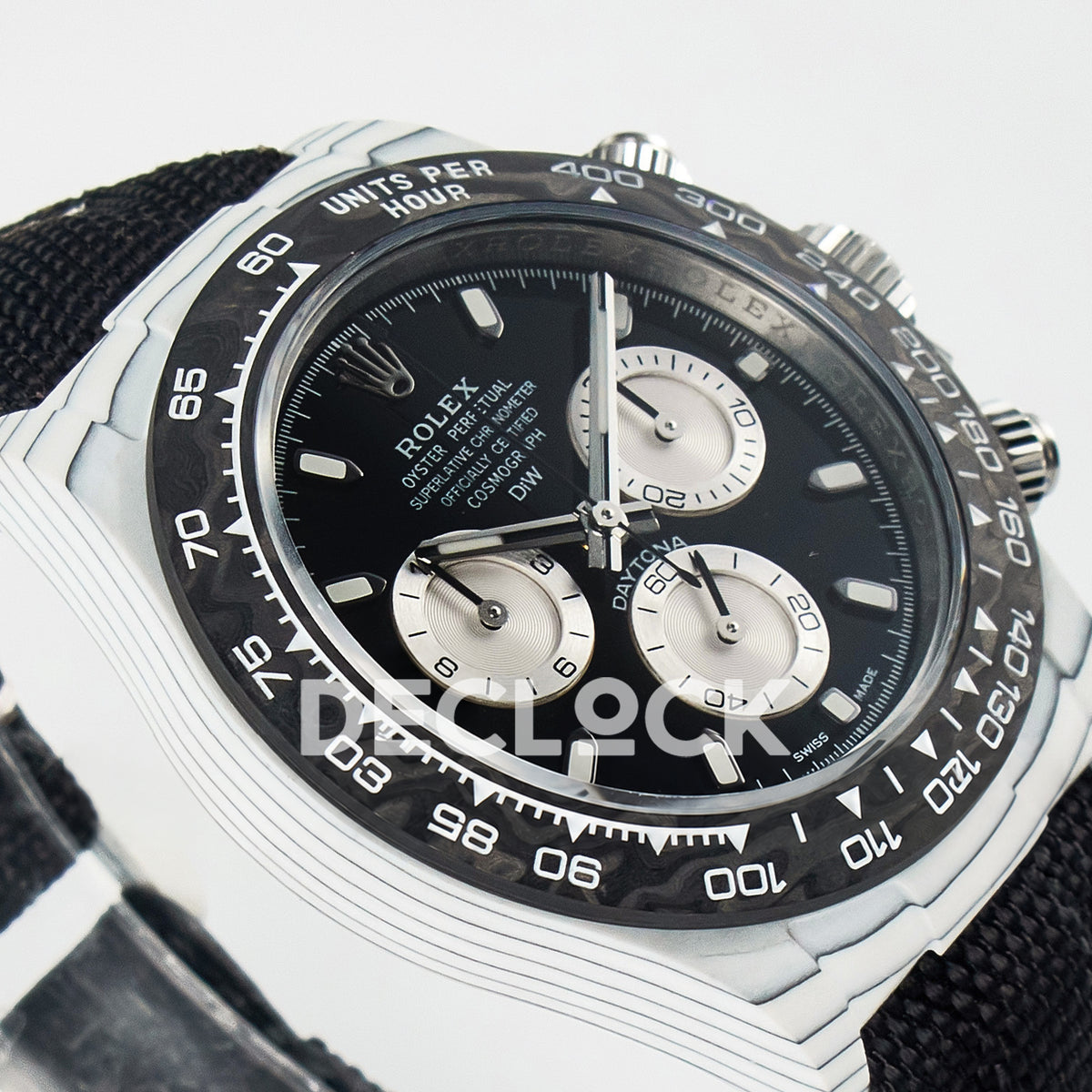 Rolex Daytona Custom White Carbon Black Dial Black Strap N6F A4130 replica - angled left