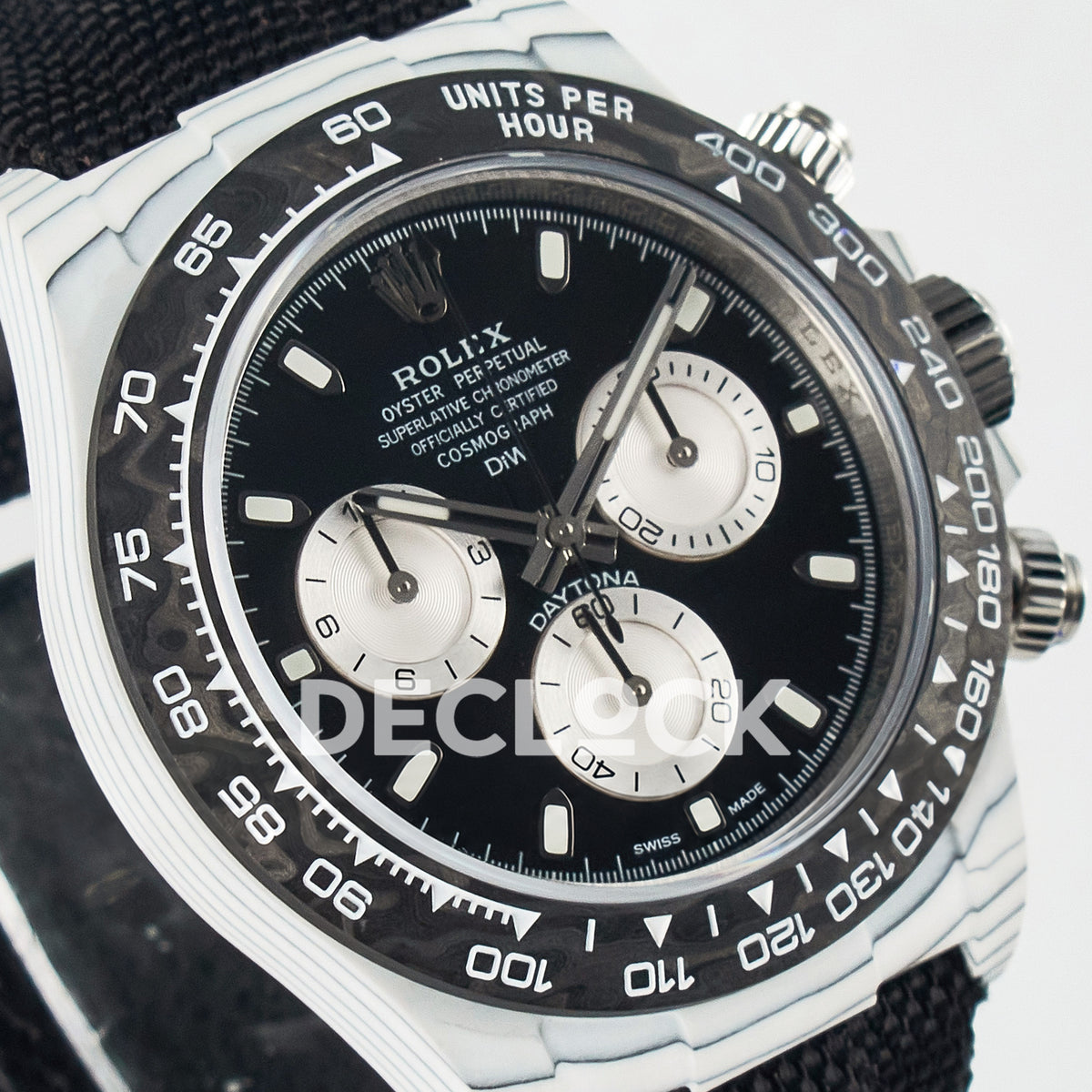 Rolex Daytona Custom White Carbon Black Dial Black Strap N6F A4130 replica - angled right