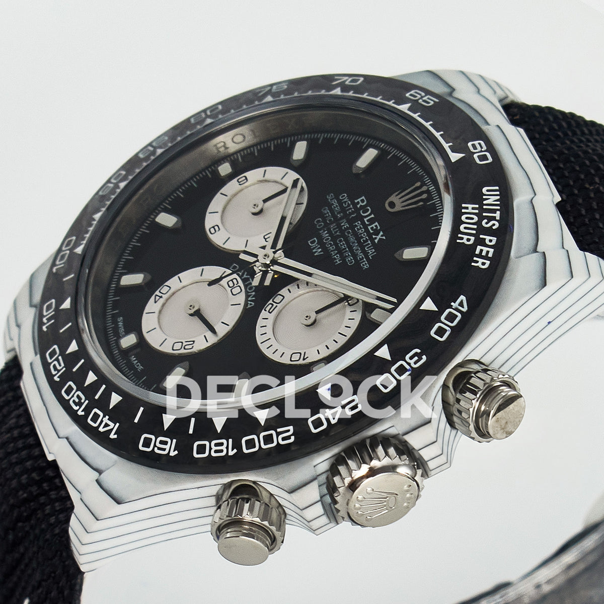 Rolex Daytona Custom White Carbon Black Dial Black Strap N6F A4130 replica - crown side front