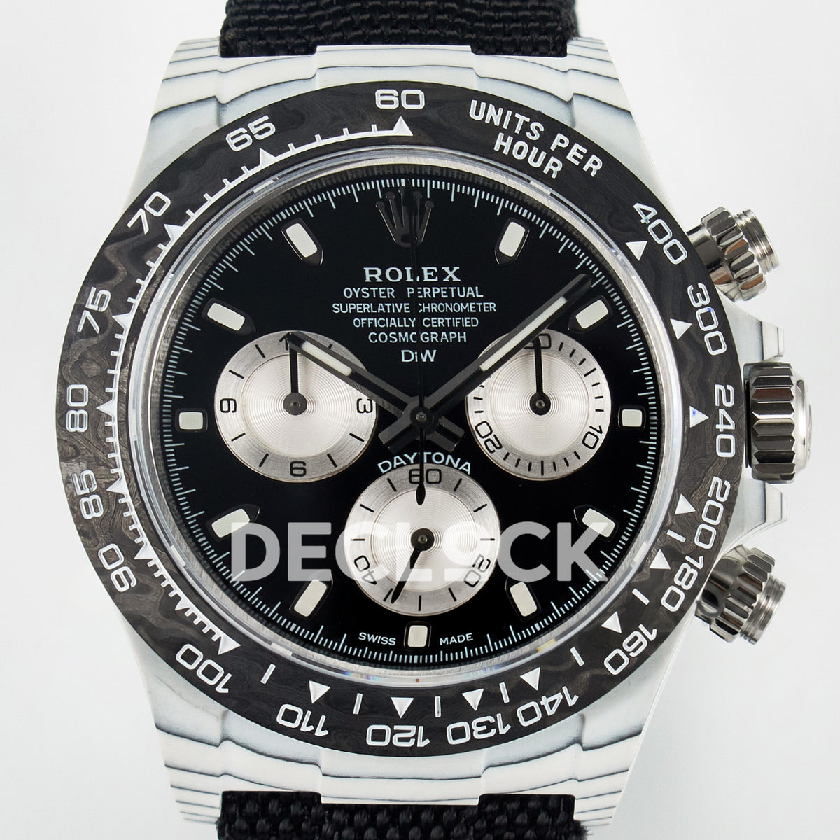 Rolex Daytona Custom White Carbon Black Dial Black Strap N6F A4130 replica - dial close up