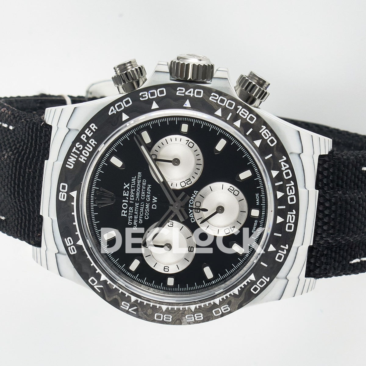 Rolex Daytona Custom White Carbon Black Dial Black Strap N6F A4130 replica - rotated dial