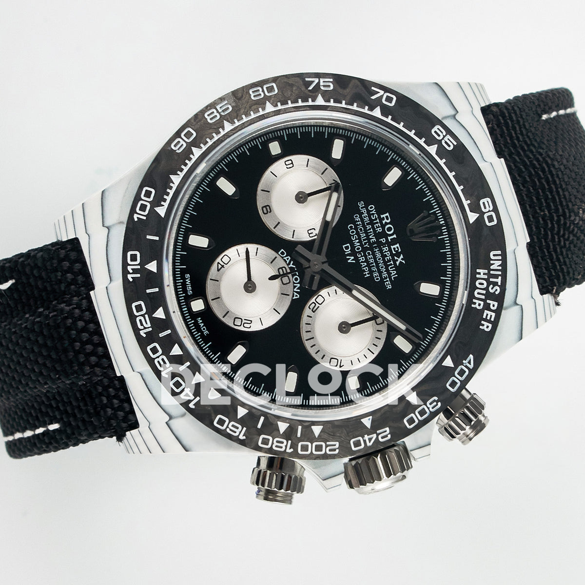 Rolex Daytona Custom White Carbon Black Dial Black Strap N6F A4130 replica - rotated front