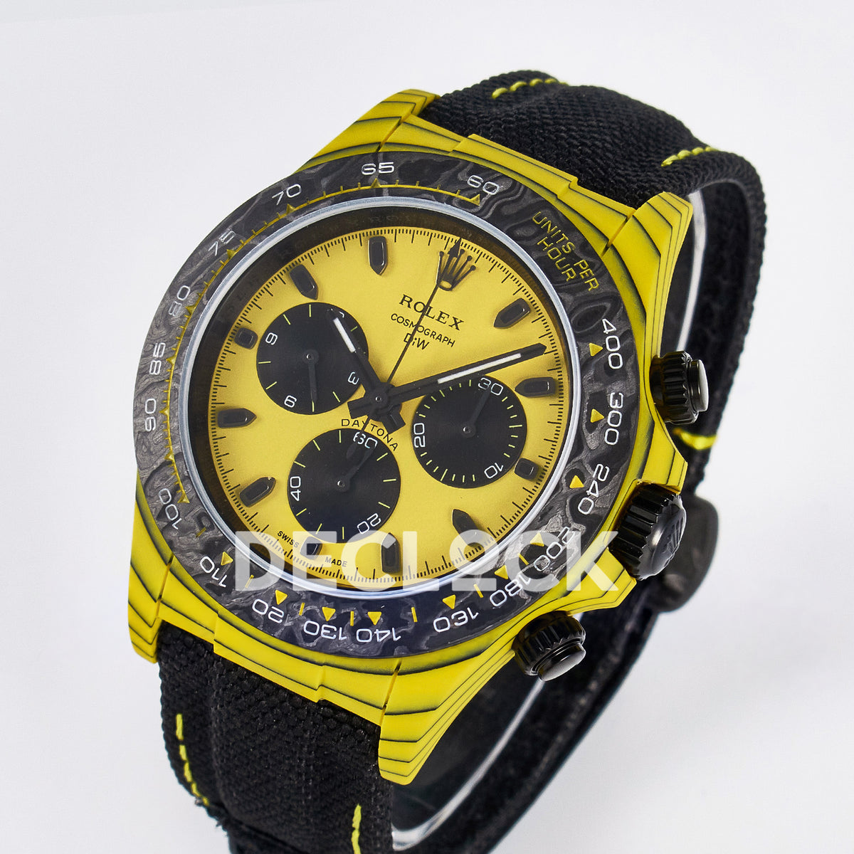 Rolex Daytona Custom Yellow Carbon Yellow Dial Black Strap DIWF A7750 replica - angled front
