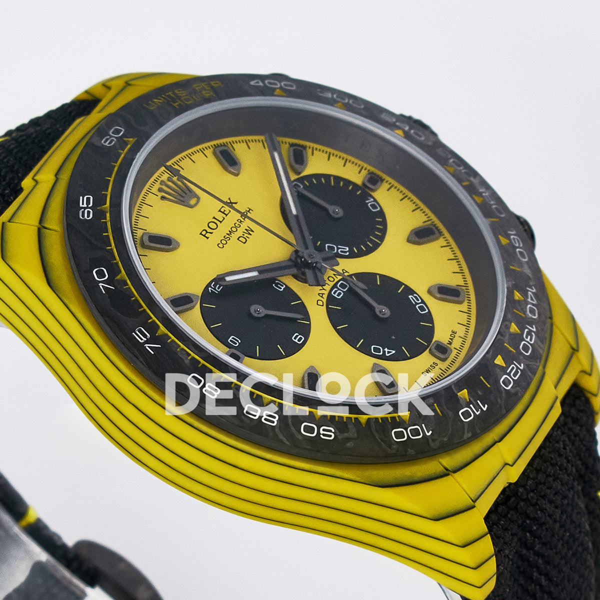 Rolex Daytona Custom Yellow Carbon Yellow Dial Black Strap DIWF A7750 replica - angled left