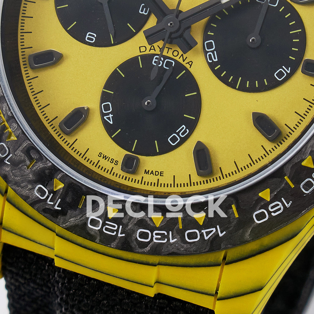 Rolex Daytona Custom Yellow Carbon Yellow Dial Black Strap DIWF A7750 replica - bezel close up