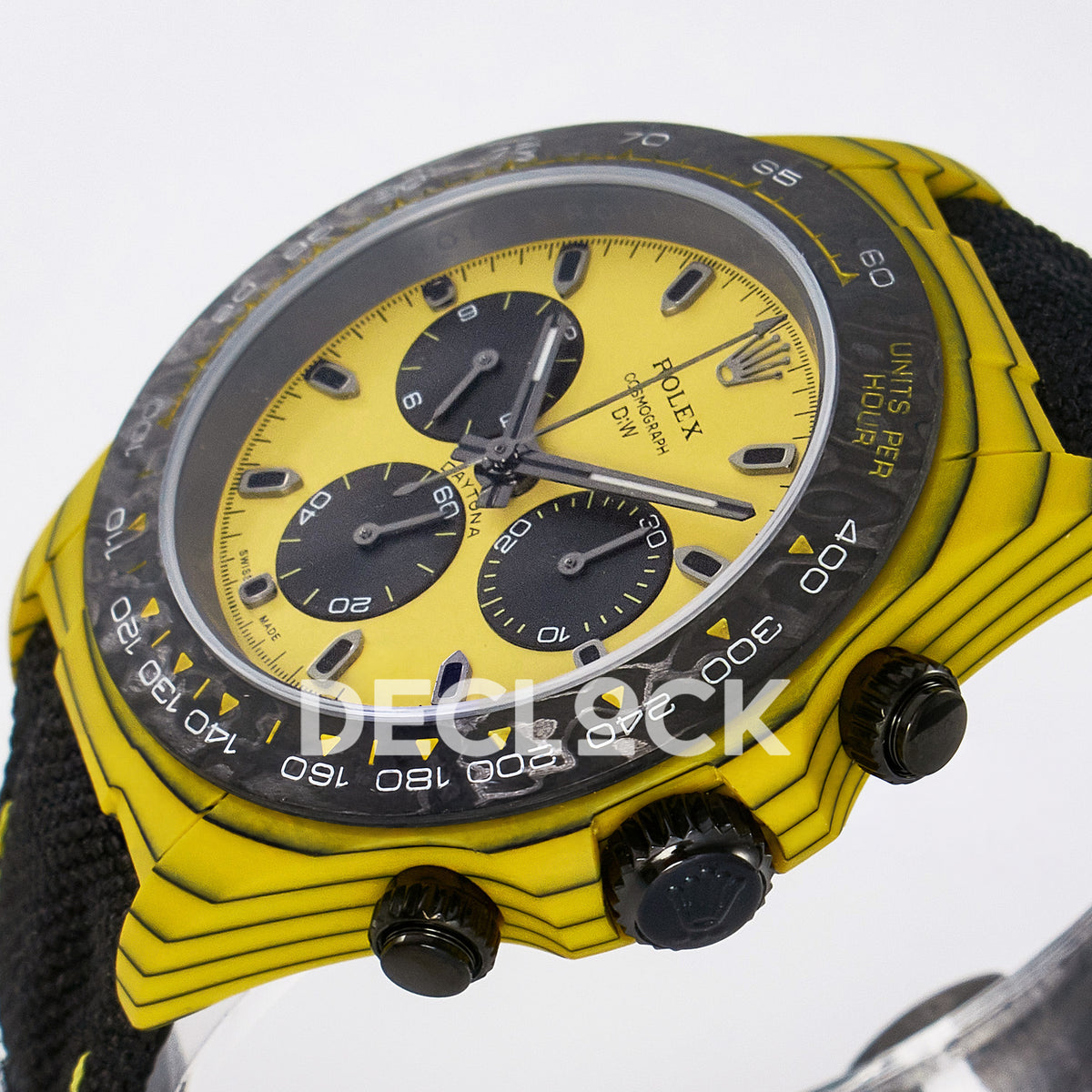 Rolex Daytona Custom Yellow Carbon Yellow Dial Black Strap DIWF A7750 replica - crown side front