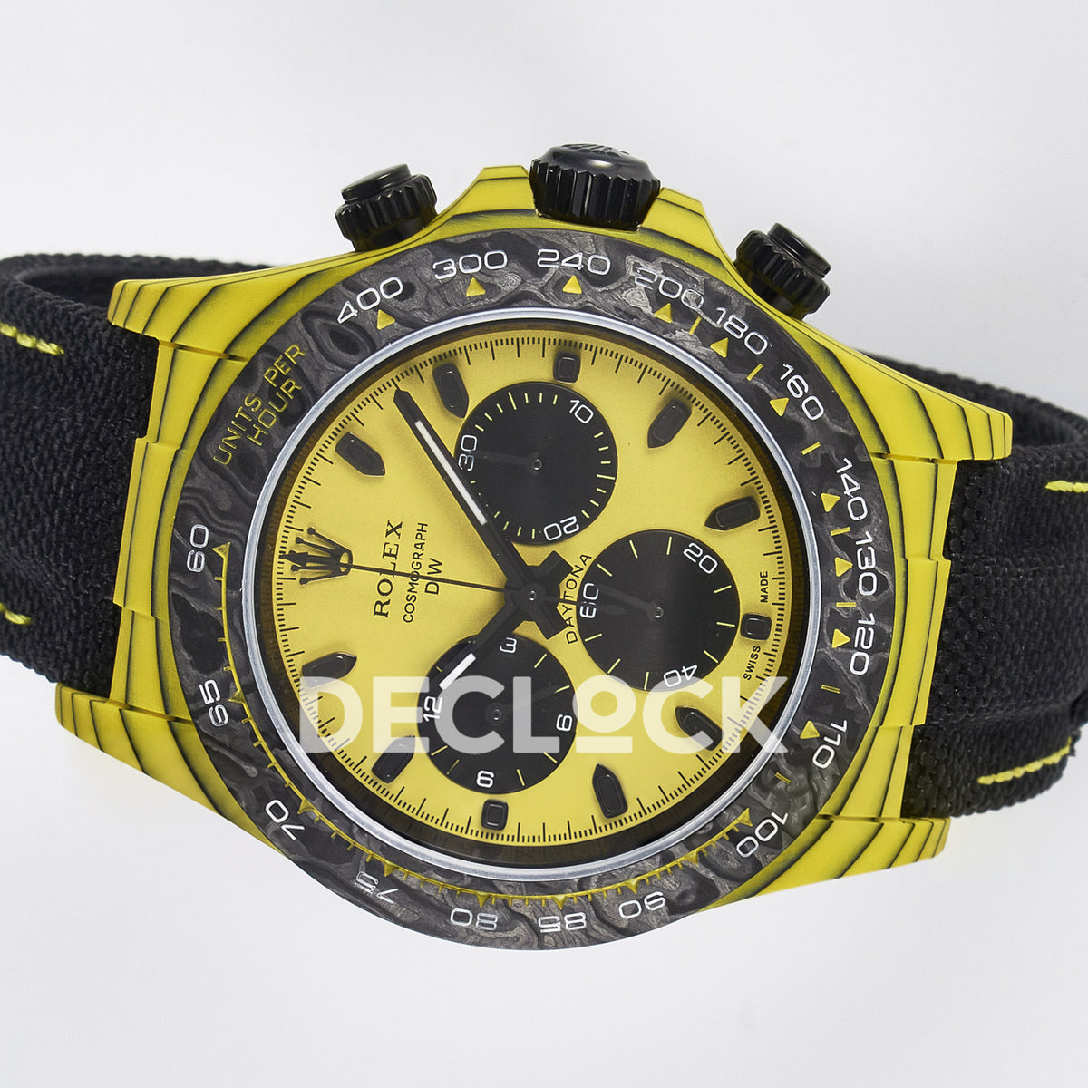 Rolex Daytona Custom Yellow Carbon Yellow Dial Black Strap DIWF A7750 replica - rotated dial