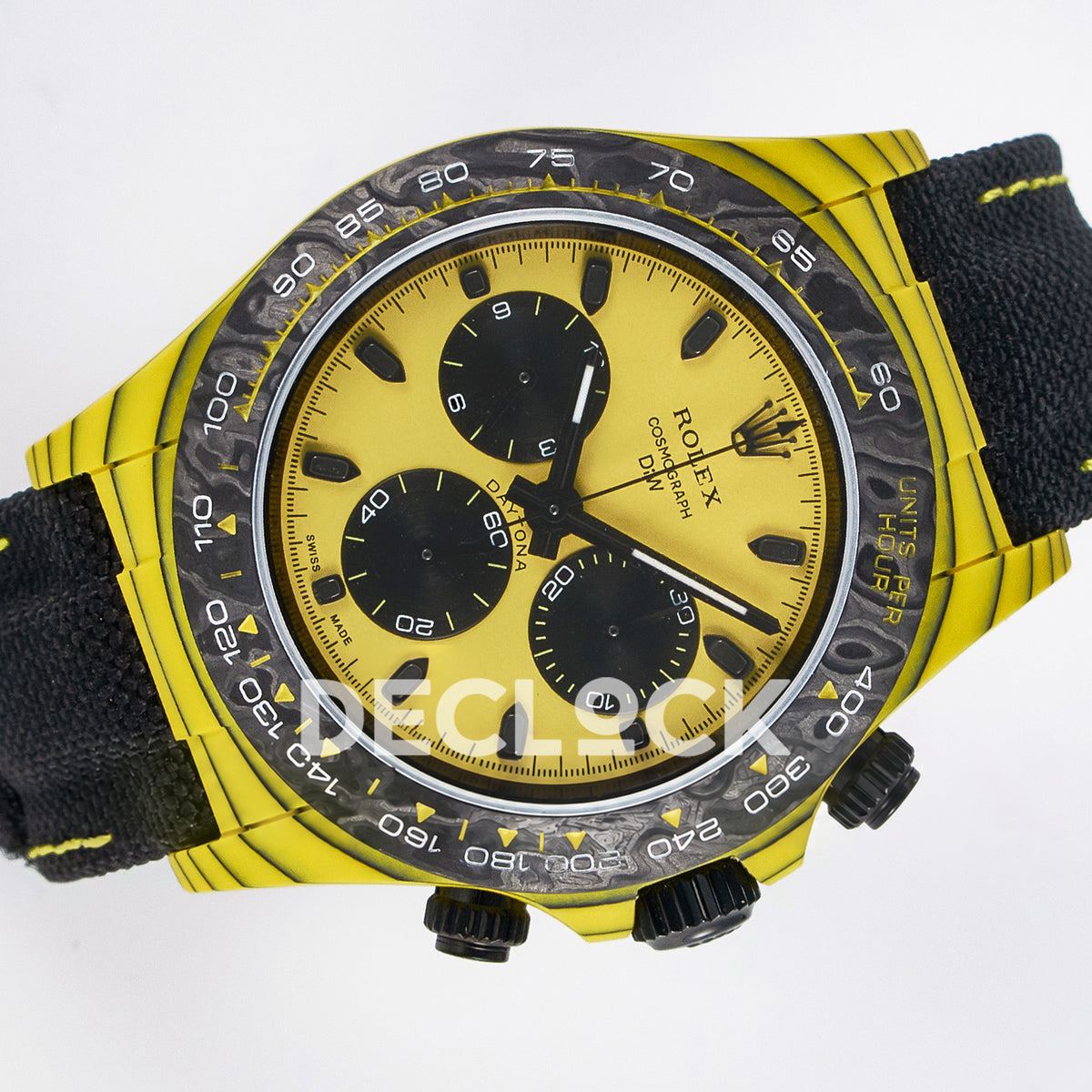 Rolex Daytona Custom Yellow Carbon Yellow Dial Black Strap DIWF A7750 replica - rotated front