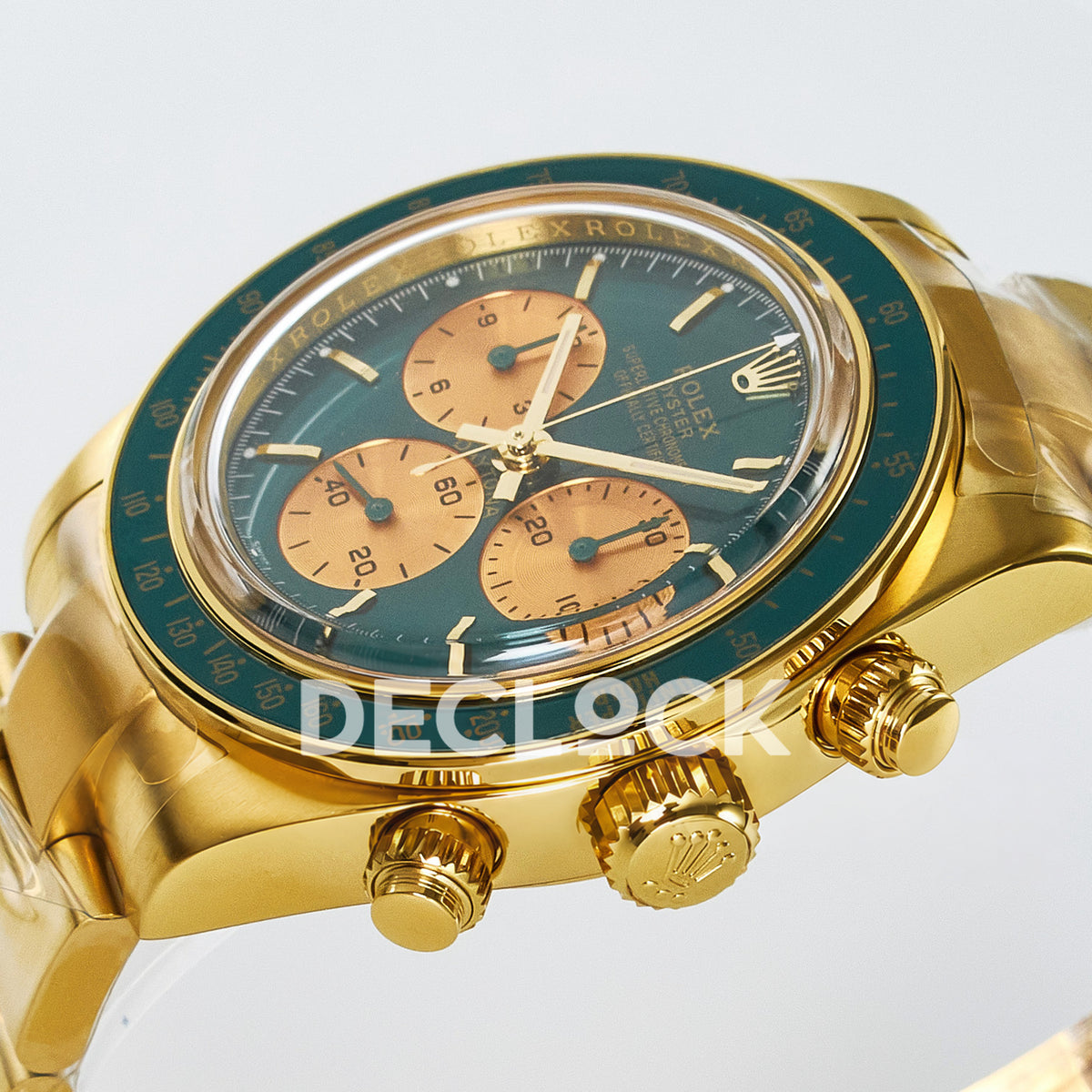 Rolex Daytona Custom Yellow Gold Green Dial ADGF A7750 replica - crown side front