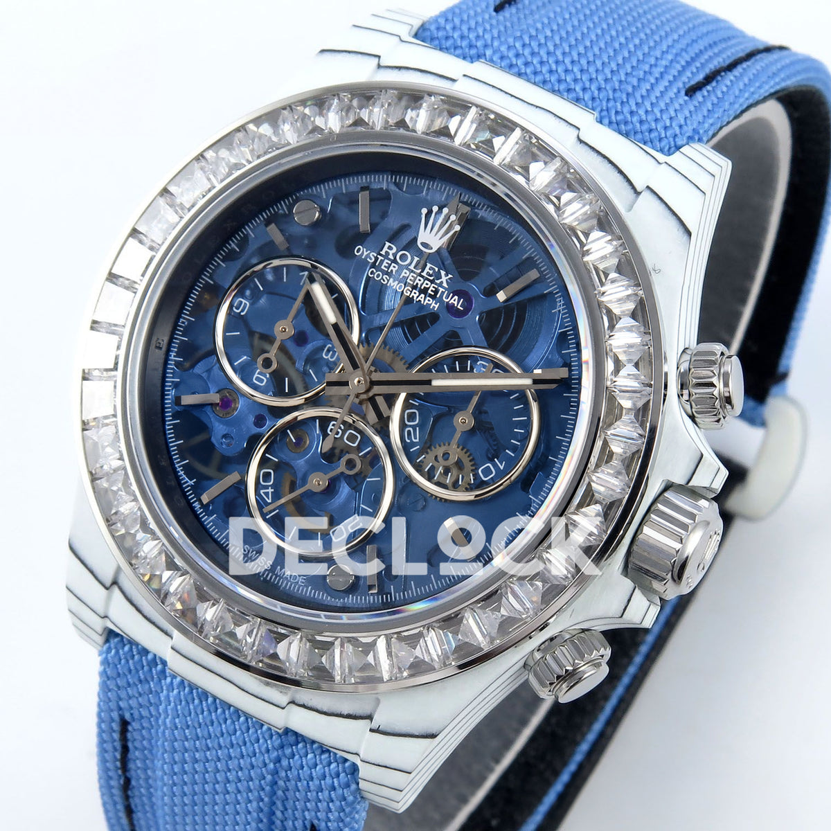 Rolex Daytona Custom ZIF Remould White Carbon Blue Skeleton Clear Bezel SONIC SA4130 replica - dial angle