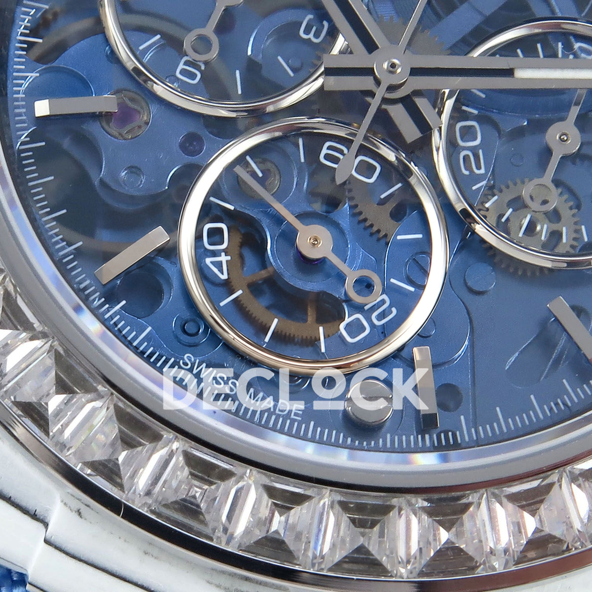 Rolex Daytona Custom ZIF Remould White Carbon Blue Skeleton Clear Bezel SONIC SA4130 replica - lower dial macro
