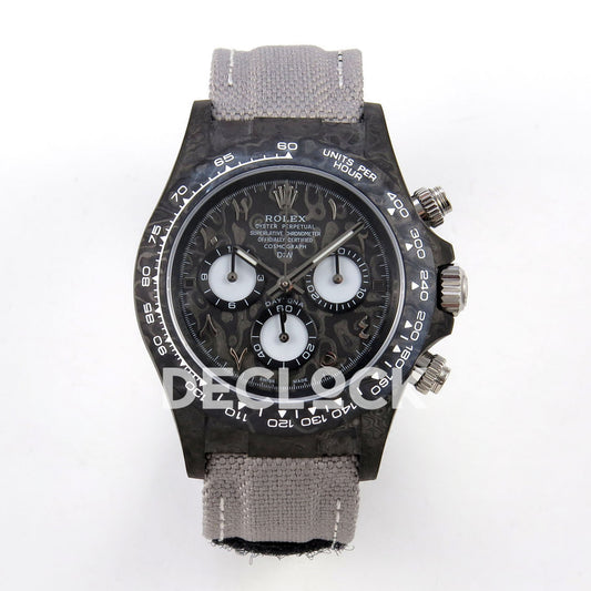 Rolex Daytona DIW Black Carbon DIWF replica - front view of black carbon case, Arabic dial and gray nylon strap