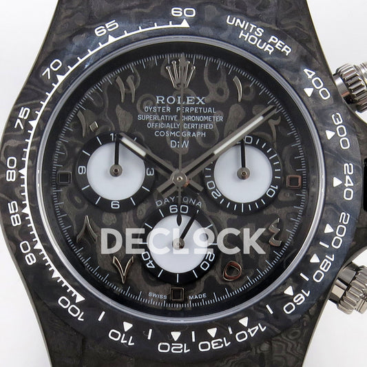 Rolex Daytona DIW Black Carbon DIWF replica - carbon Arabic-numeral dial with white subdials close-up