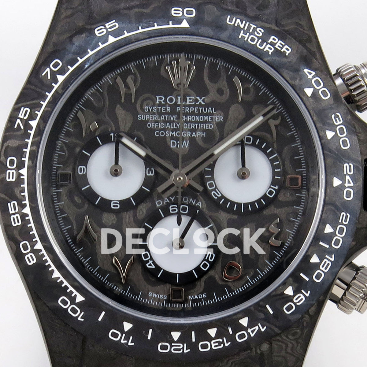Rolex Daytona DIW Black Carbon DIWF replica - carbon Arabic-numeral dial with white subdials close-up