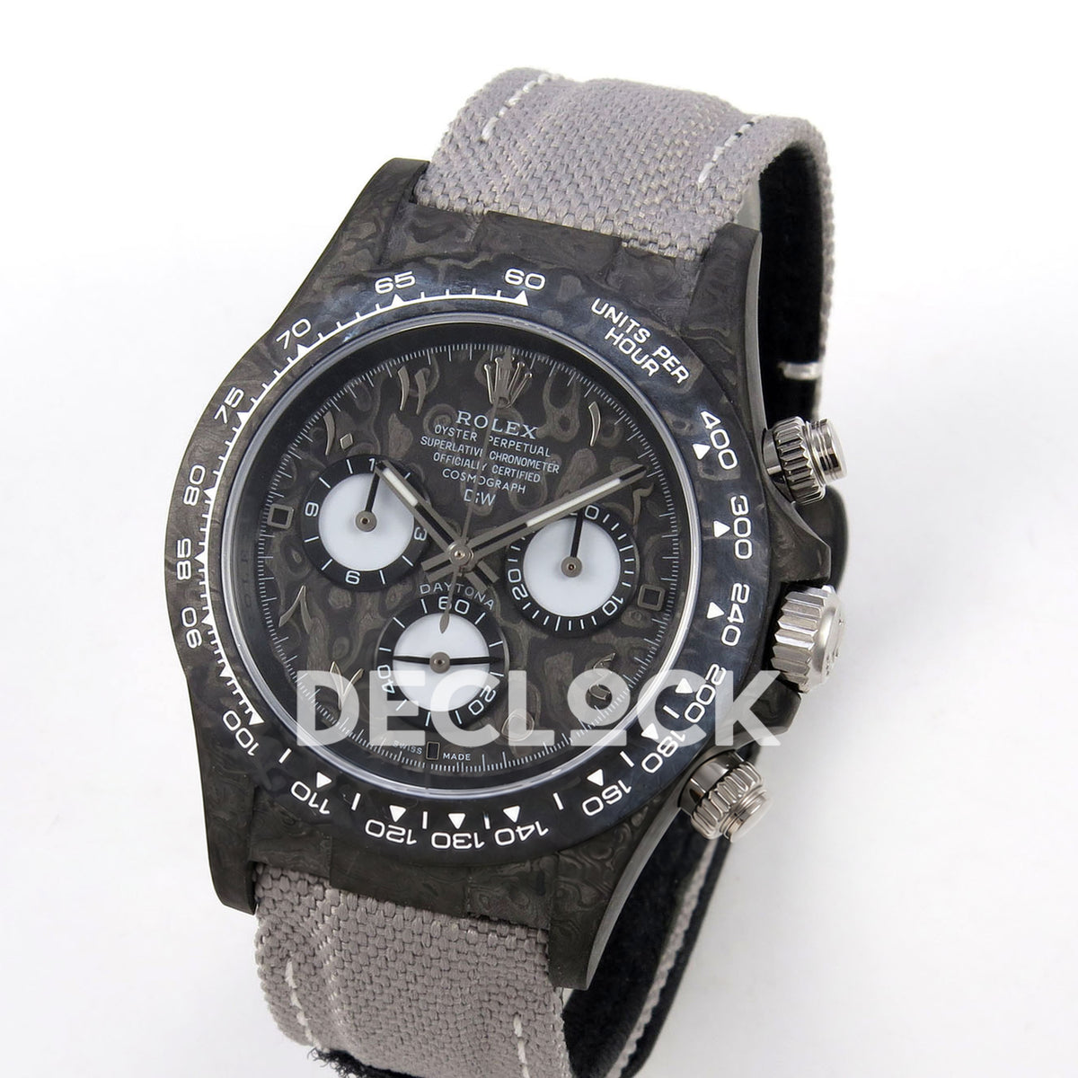 Rolex Daytona DIW Black Carbon DIWF replica - angled front view of carbon case and gray strap