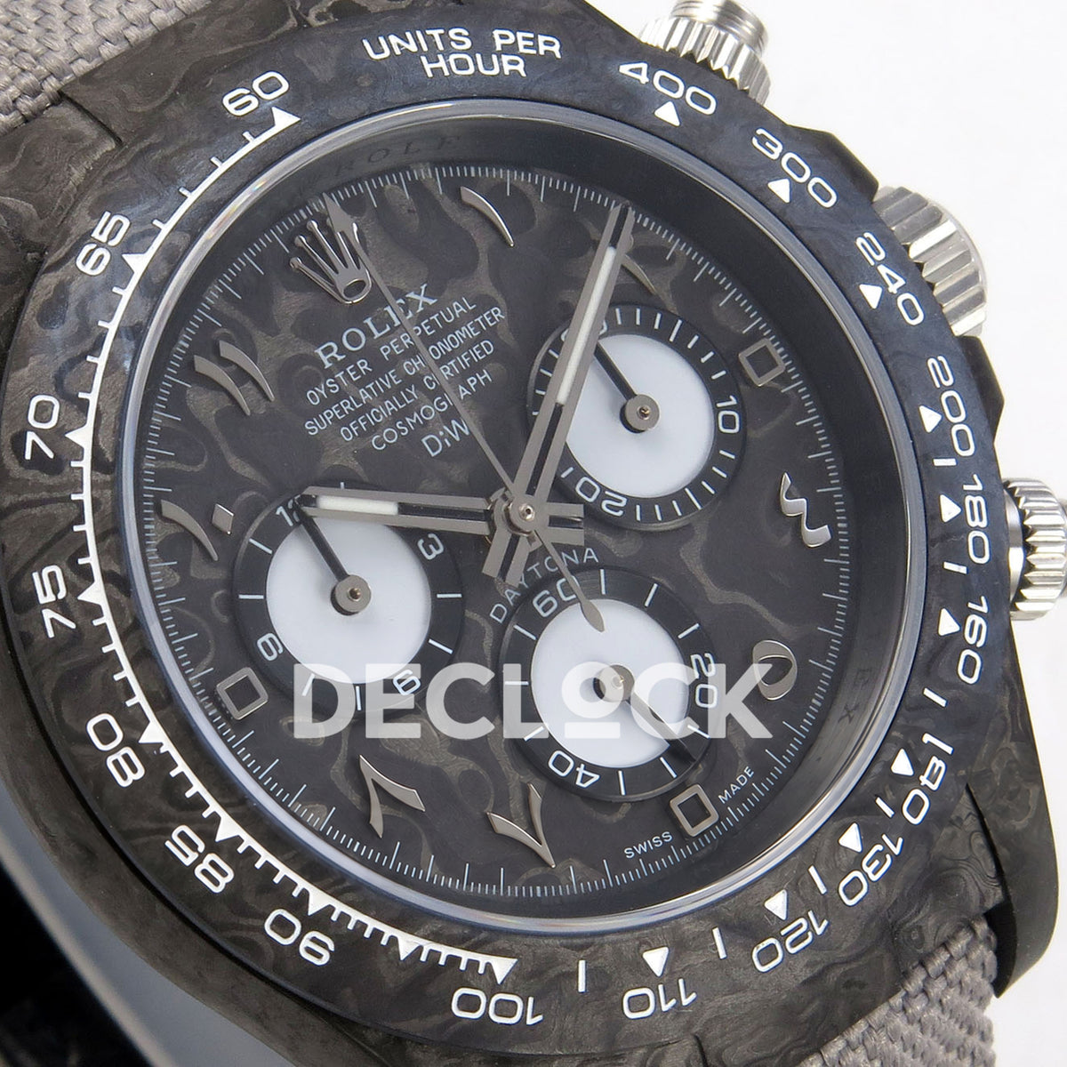 Rolex Daytona DIW Black Carbon DIWF replica - angled Arabic-numeral dial and black tachymeter bezel