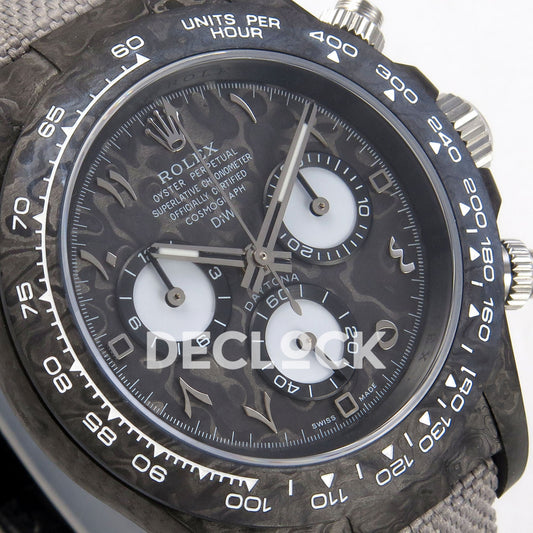 Rolex Daytona DIW Black Carbon DIWF replica - angled Arabic-numeral dial and black tachymeter bezel
