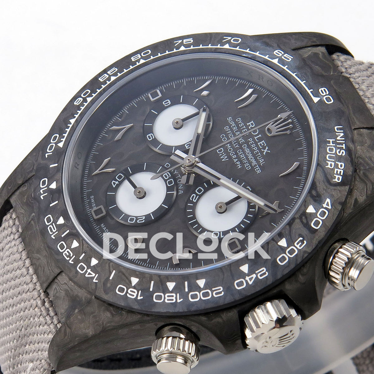 Rolex Daytona DIW Black Carbon DIWF replica - opposite angled carbon dial and chronograph subdials