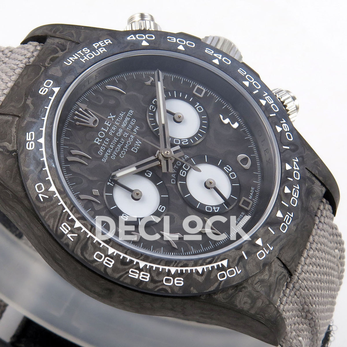 Rolex Daytona DIW Black Carbon DIWF replica - opposite dial angle showing Arabic numerals and luminous hands