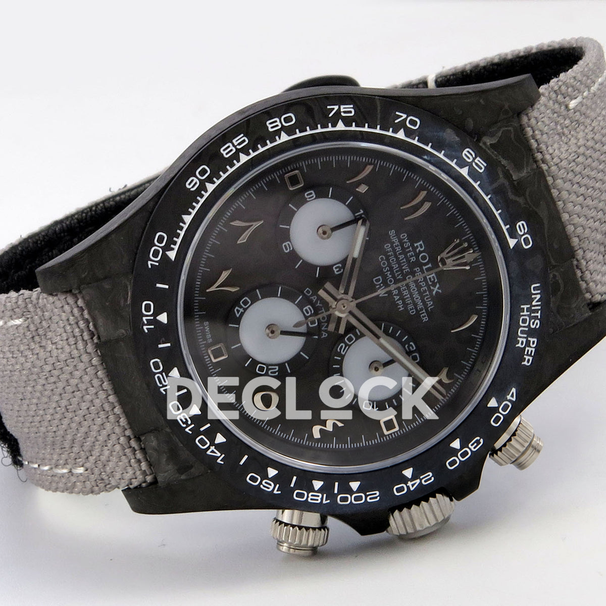 Rolex Daytona DIW Black Carbon DIWF replica - horizontal front view with gray nylon strap