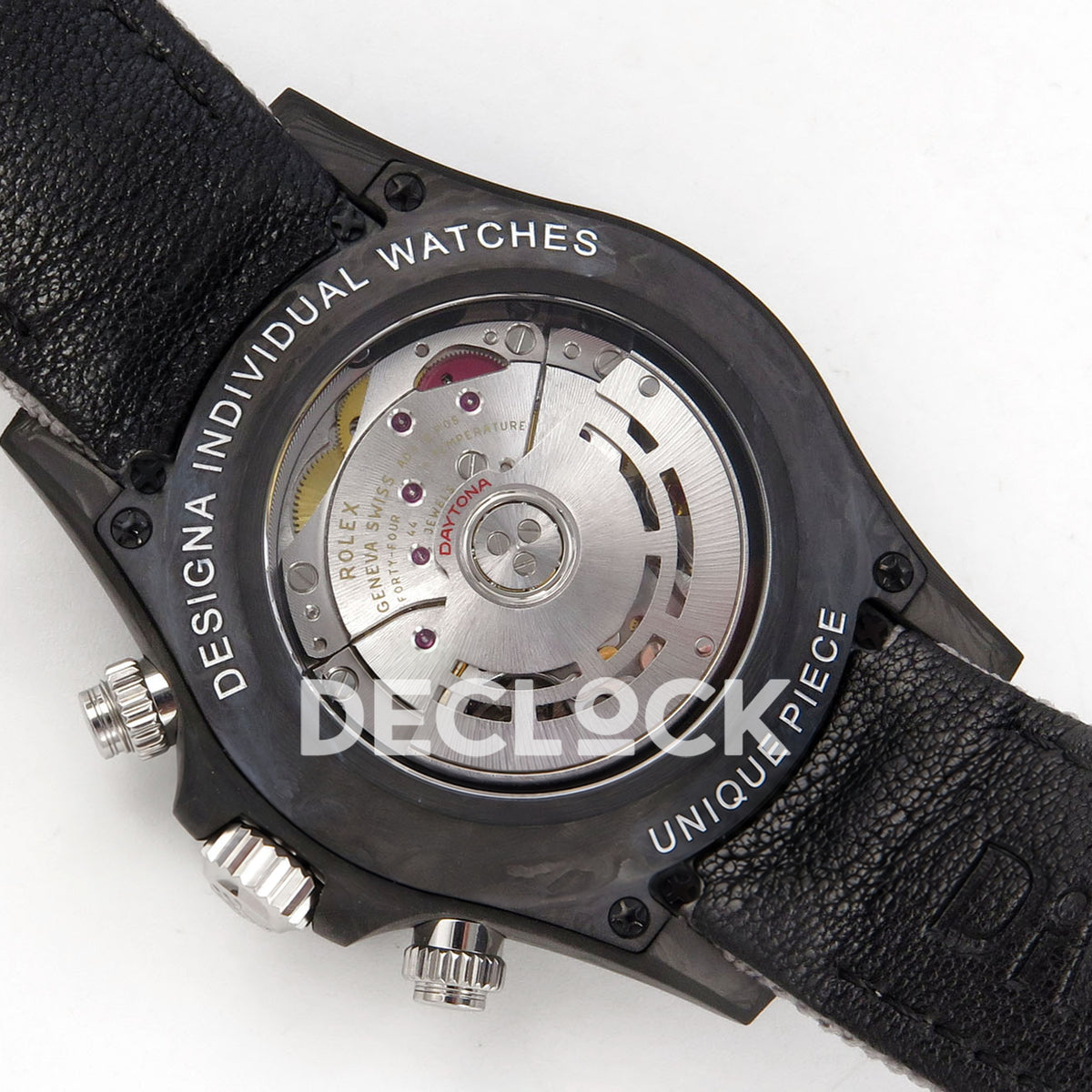 Rolex Daytona DIW Black Carbon DIWF replica - transparent caseback with Designa Individual Watches and Unique Piece markings