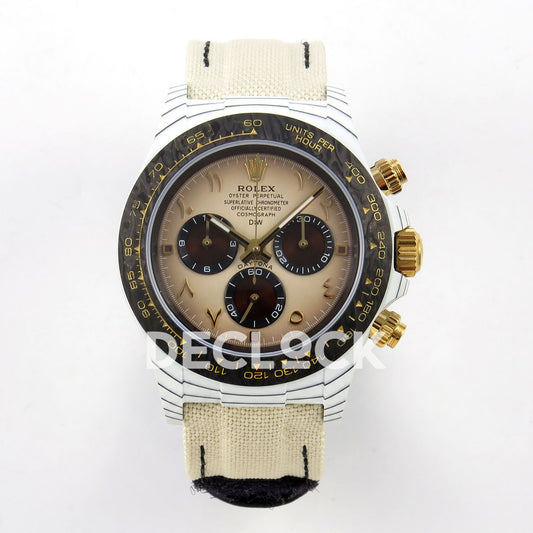 Rolex Daytona DIW Desert Eagle Brown Arabic DIWF replica - front view of white carbon case, brown Arabic dial and cream nylon strap