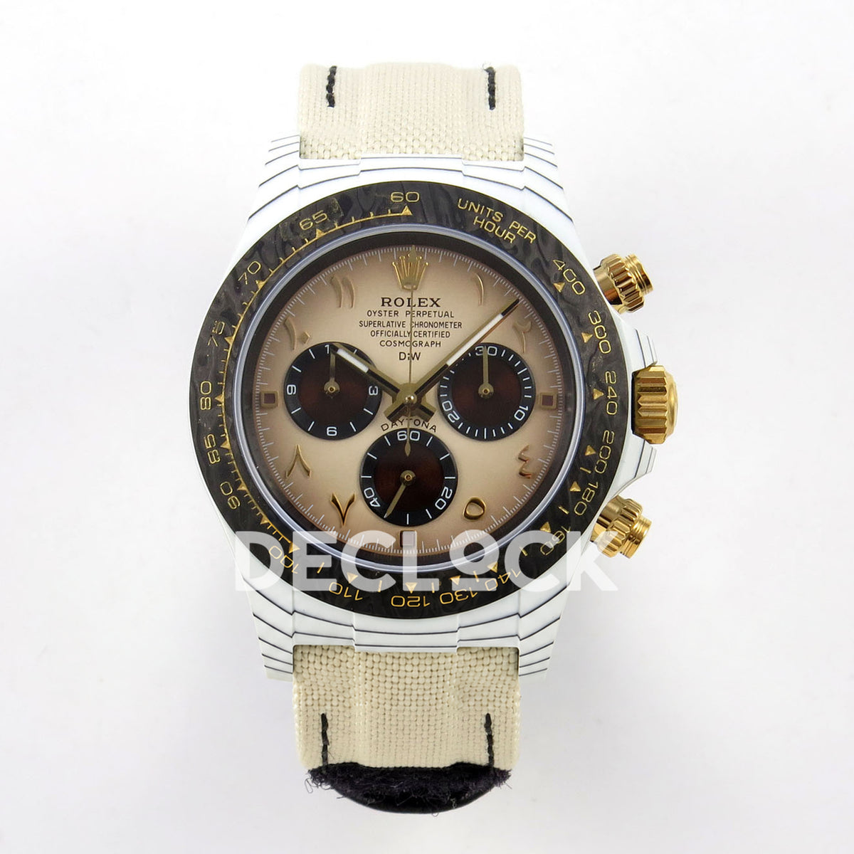 Rolex Daytona DIW Desert Eagle Brown Arabic DIWF replica - front view of white carbon case, brown Arabic dial and cream nylon strap