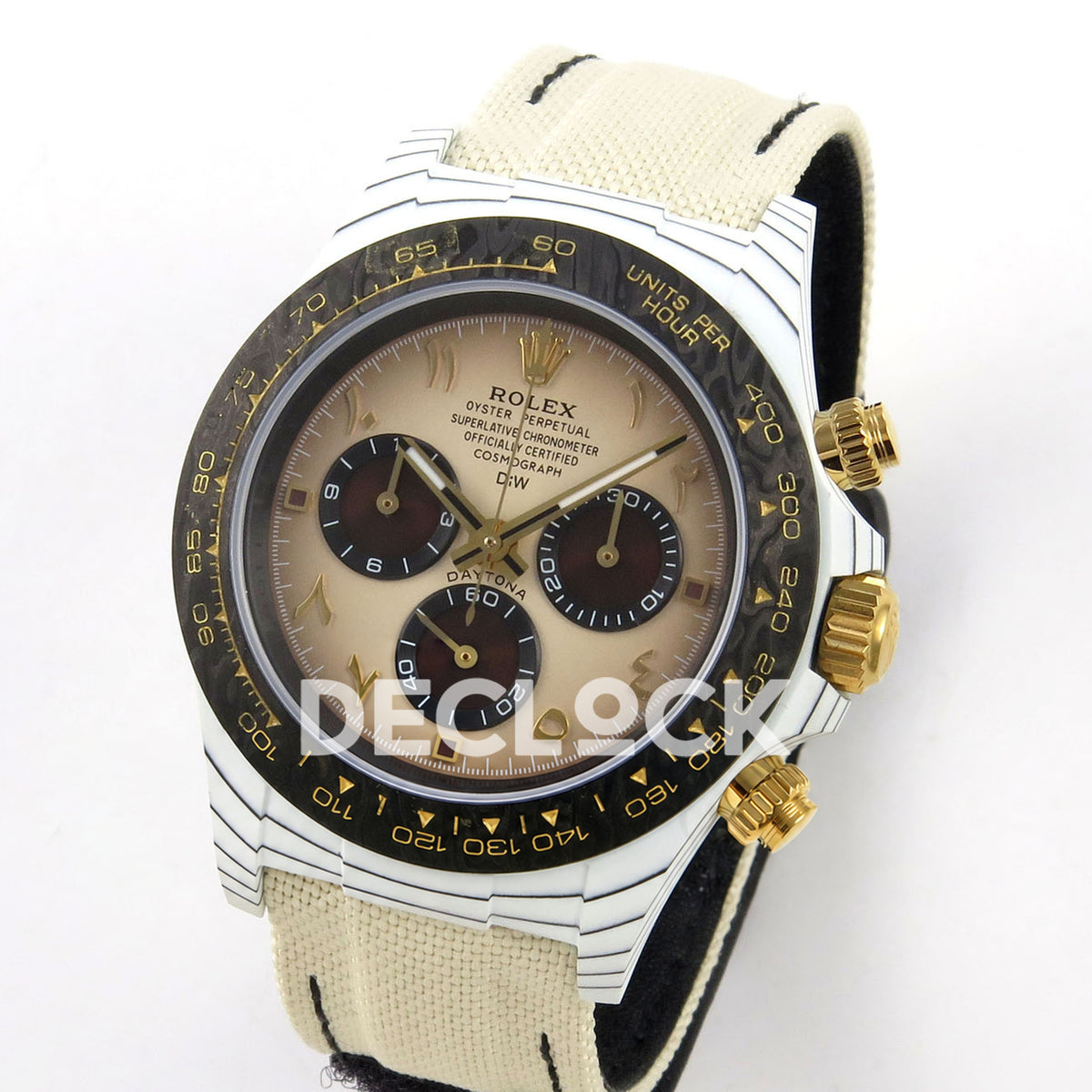Rolex Daytona DIW Desert Eagle Brown Arabic DIWF replica - angled front view of white carbon case and cream strap