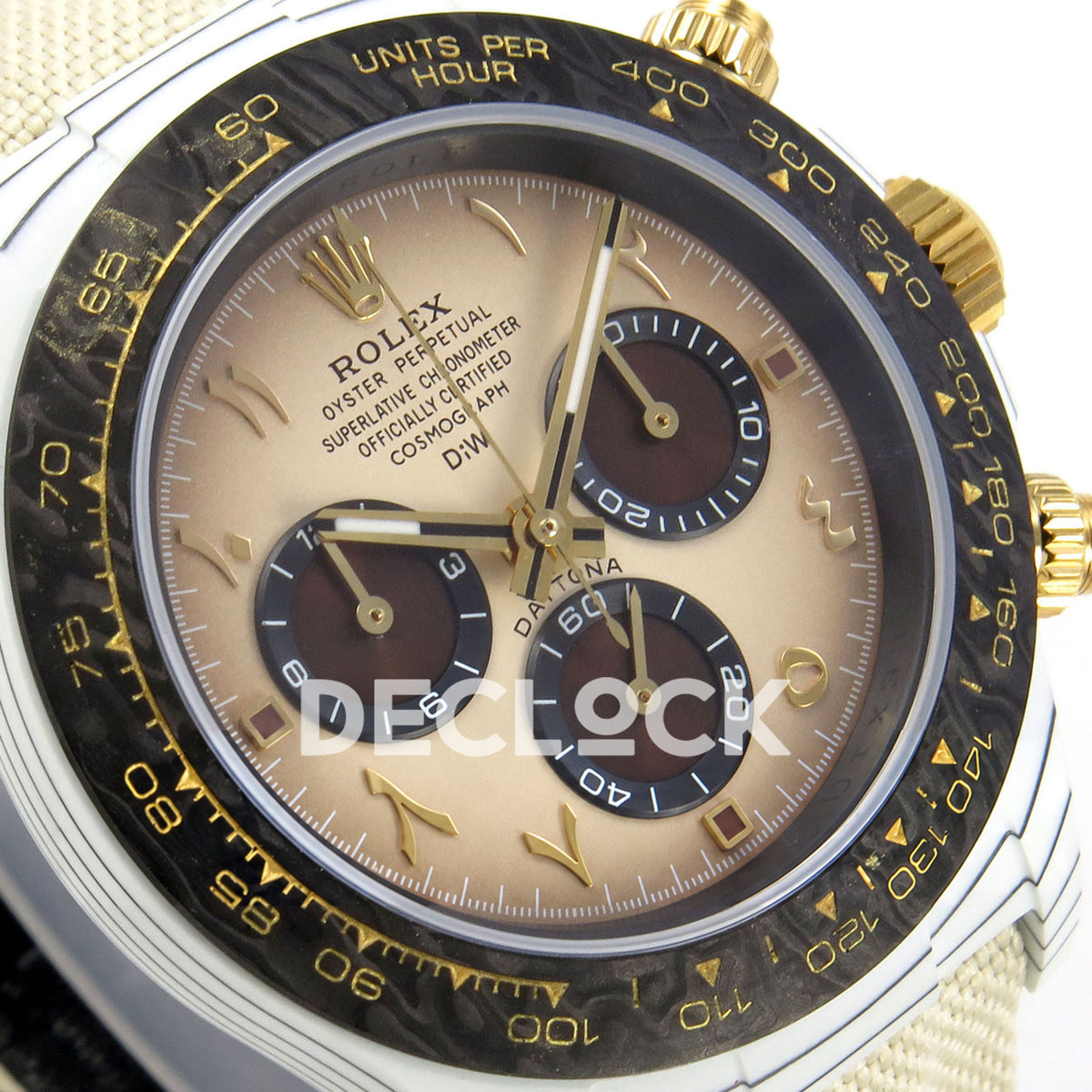 Rolex Daytona DIW Desert Eagle Brown Arabic DIWF replica - angled brown Arabic dial and gold-tone tachymeter markings