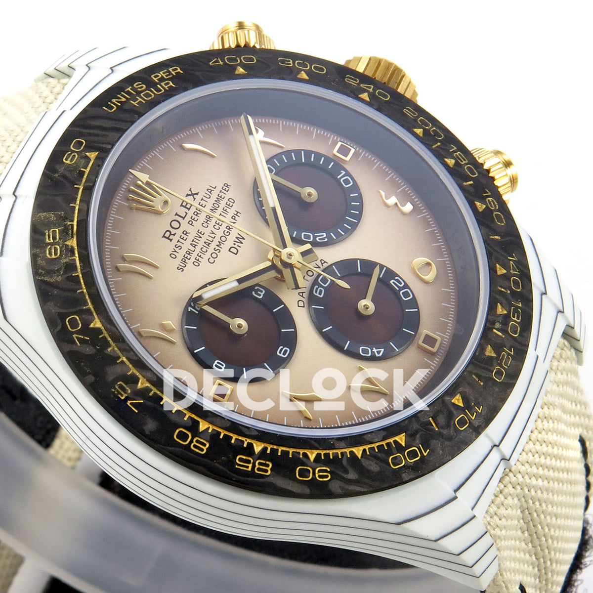 Rolex Daytona DIW Desert Eagle Brown Arabic DIWF replica - opposite dial angle with gold-tone Arabic numerals and luminous hands