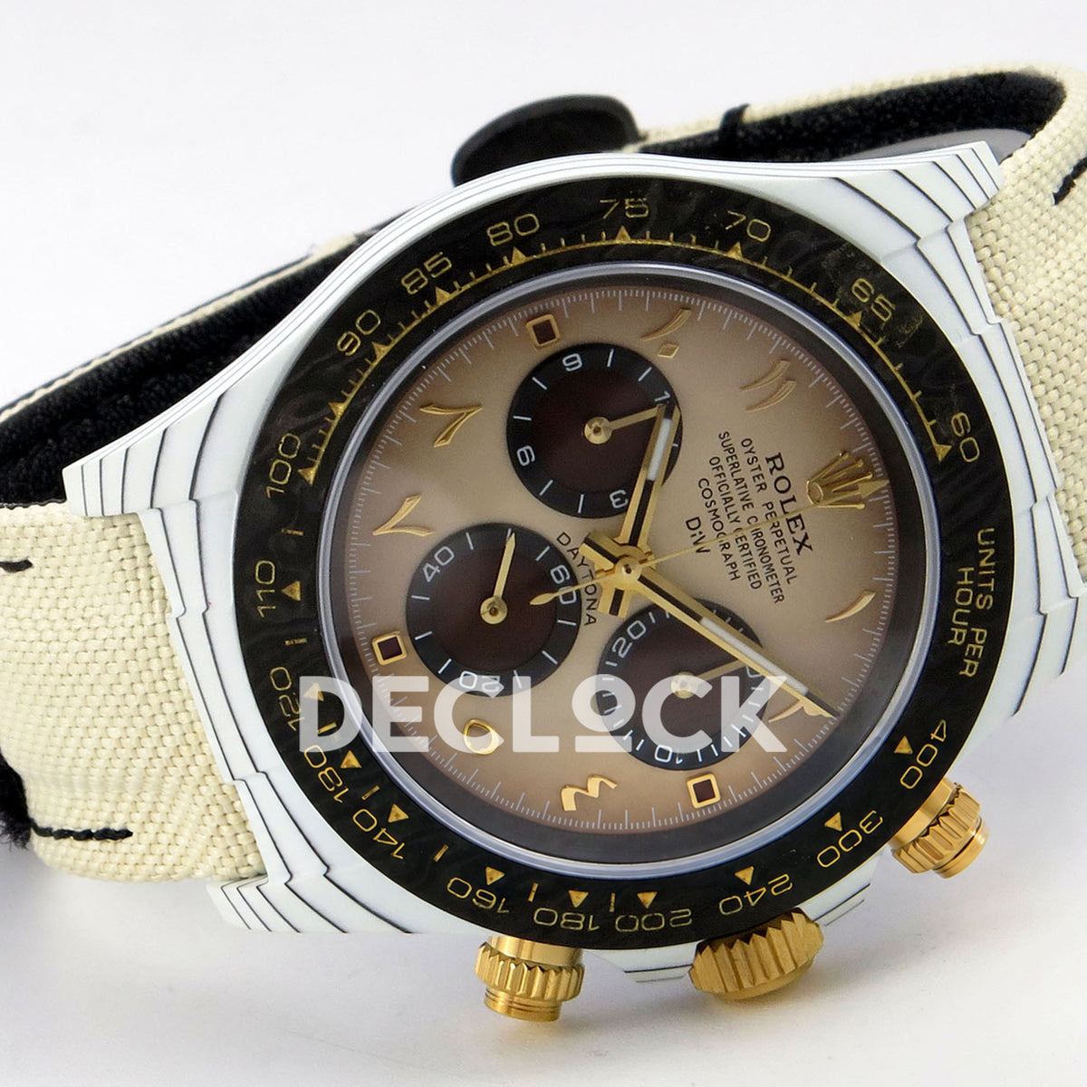 Rolex Daytona DIW Desert Eagle Brown Arabic DIWF replica - horizontal front view with cream nylon strap