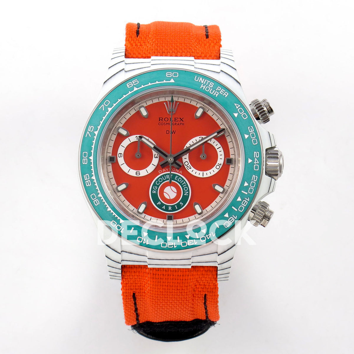 Rolex Daytona DIW RG Court Orange Dial DIWF replica - front view of white carbon case, orange dial, green bezel and orange nylon strap