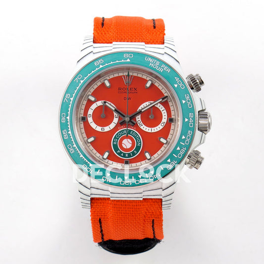 Rolex Daytona DIW RG Court Orange Dial DIWF replica - front view of white carbon case, orange dial, green bezel and orange nylon strap