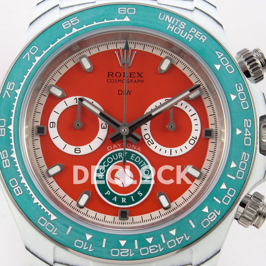 Rolex Daytona DIW RG Court Orange Dial DIWF replica - orange dial with white subdial rings and RG Court Edition Paris detail close-up