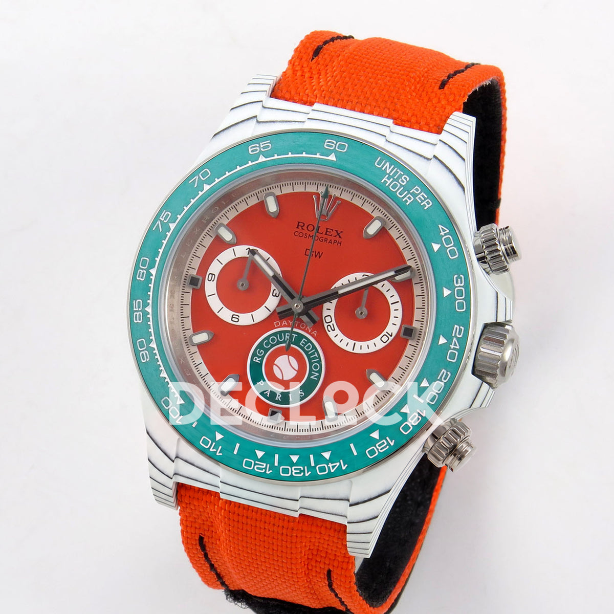 Rolex Daytona DIW RG Court Orange Dial DIWF replica - angled front view of white carbon case and orange strap