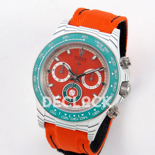 Rolex Daytona DIW RG Court Orange Dial DIWF replica - angled front view of white carbon case and orange strap