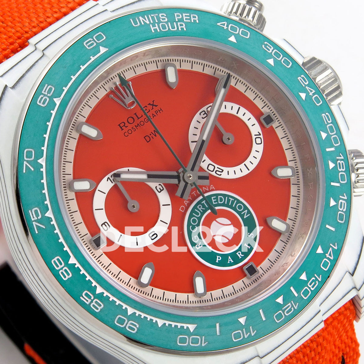 Rolex Daytona DIW RG Court Orange Dial DIWF replica - angled orange dial and green tachymeter bezel