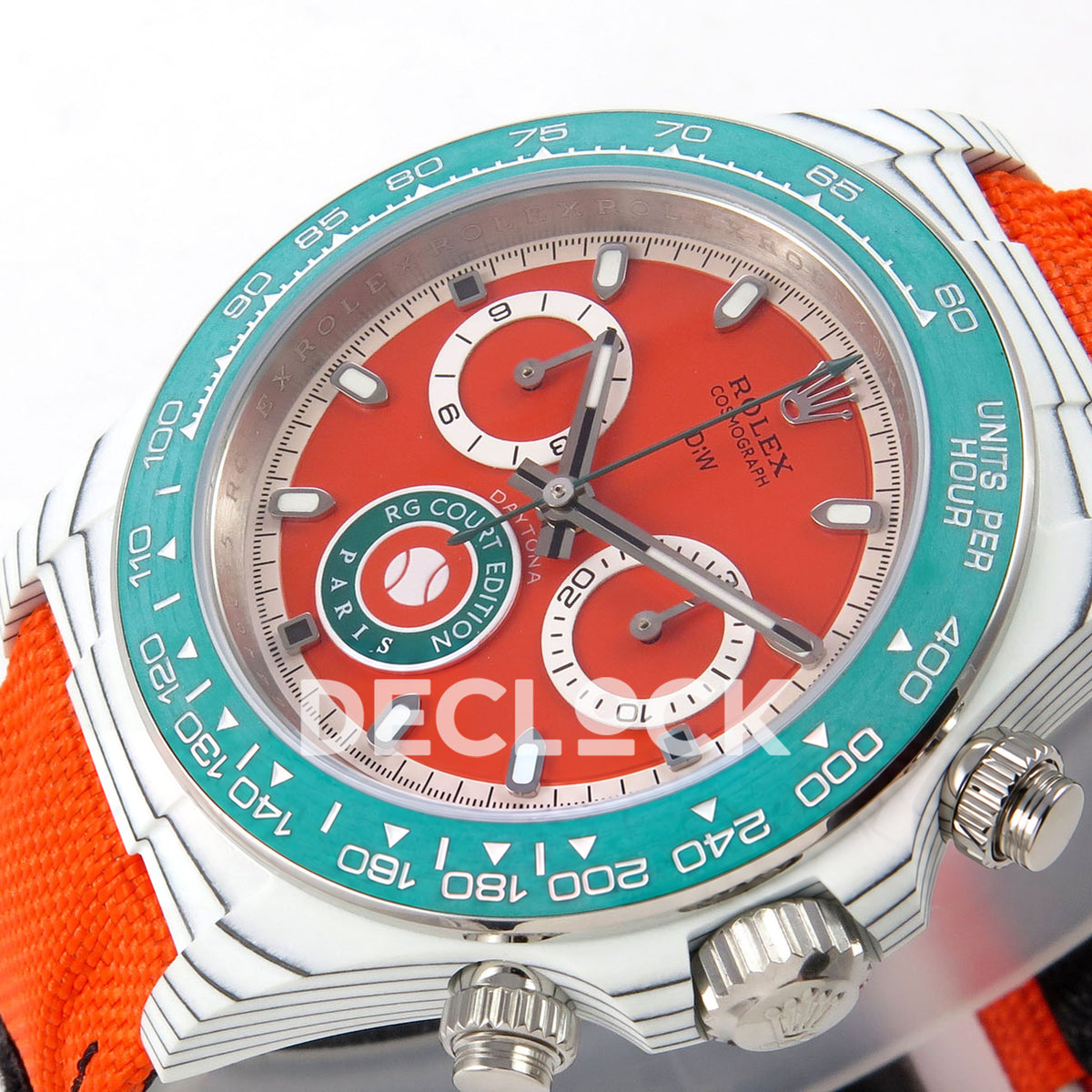 Rolex Daytona DIW RG Court Orange Dial DIWF replica - opposite angled orange dial and white chronograph subdial rings
