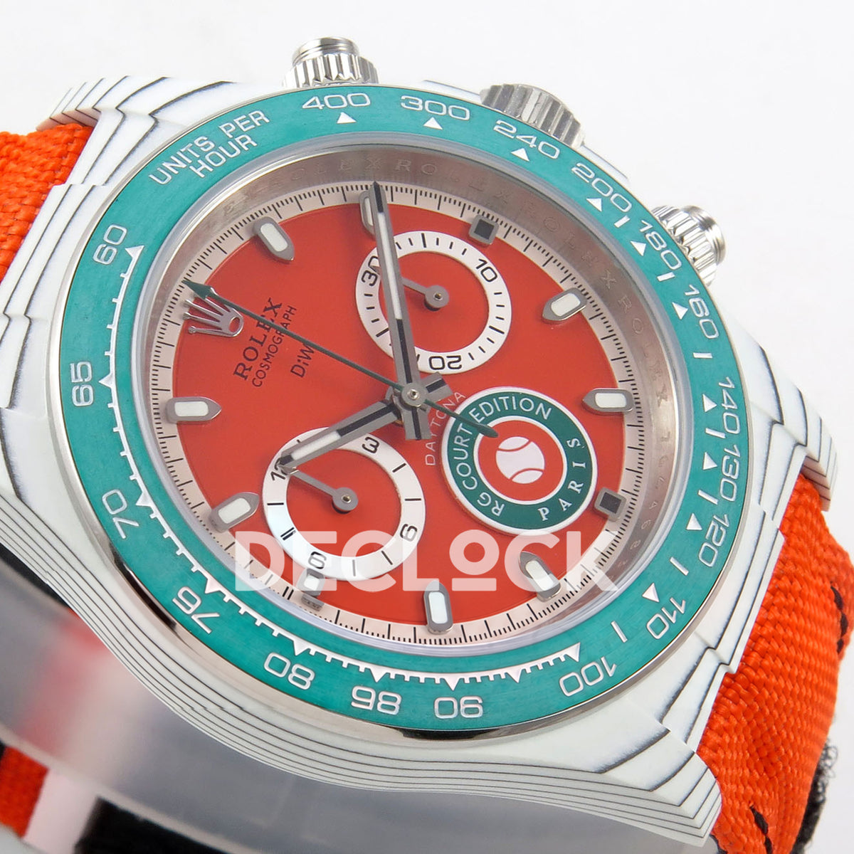 Rolex Daytona DIW RG Court Orange Dial DIWF replica - opposite dial angle with RG Court Edition Paris decorative detail