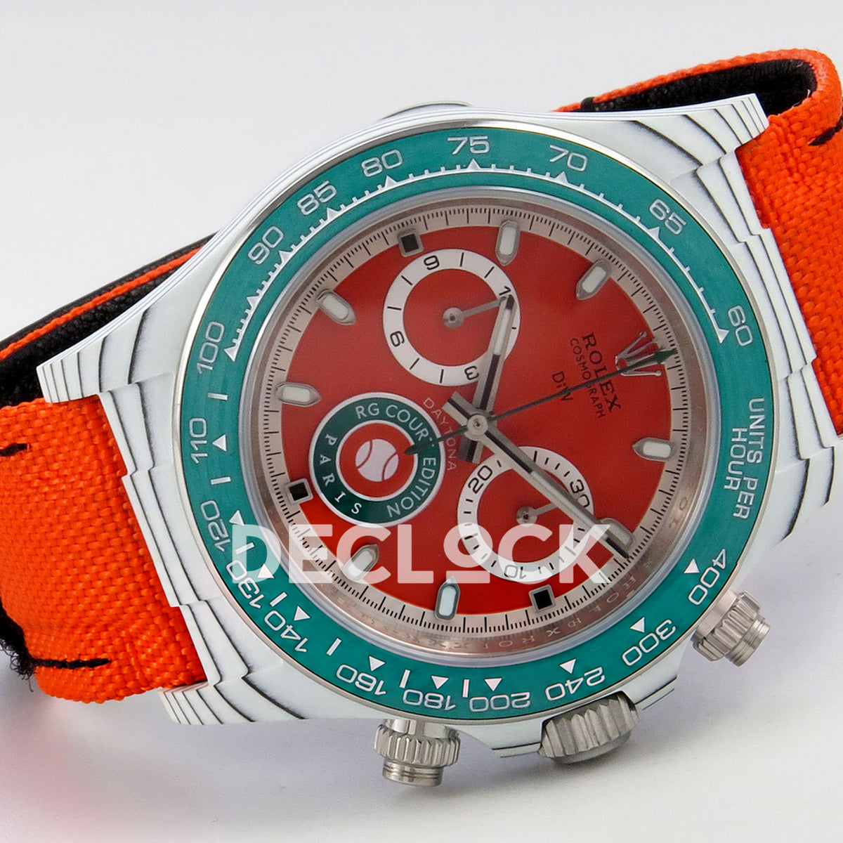 Rolex Daytona DIW RG Court Orange Dial DIWF replica - horizontal front view with orange nylon strap