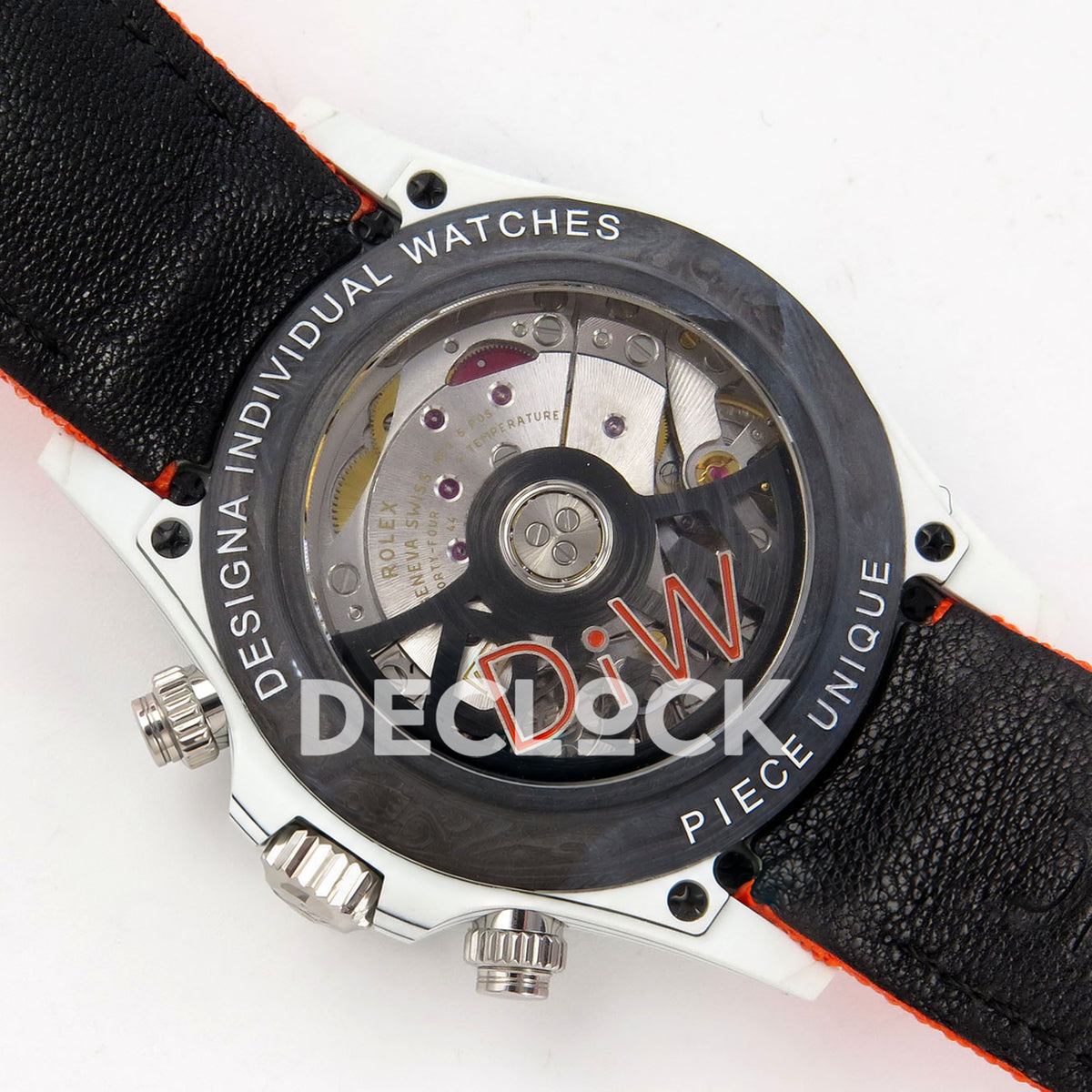 Rolex Daytona DIW RG Court Orange Dial DIWF replica - transparent caseback with Designa Individual Watches and Piece Unique markings
