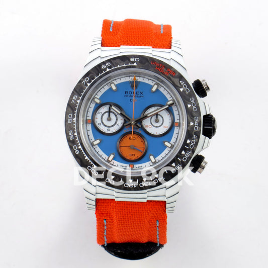 Rolex Daytona DIW Veloce Blue Dial DIWF replica - front view of white carbon case, blue dial, orange counter and orange nylon strap