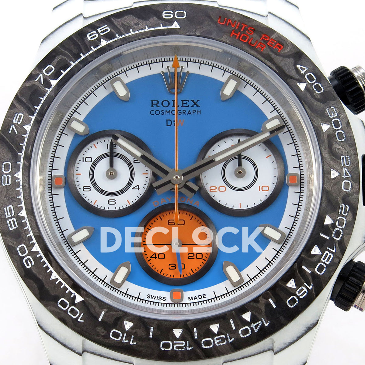 Rolex Daytona DIW Veloce Blue Dial DIWF replica - blue dial with silver subdials, orange counter and black tachymeter bezel close-up