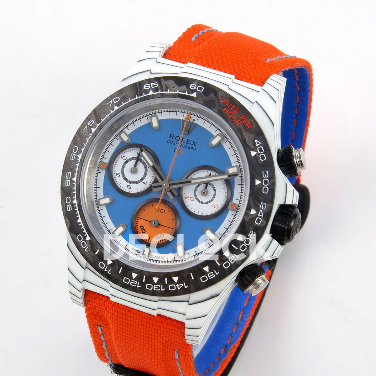 Rolex Daytona DIW Veloce Blue Dial DIWF replica - angled front view of white carbon case and orange strap