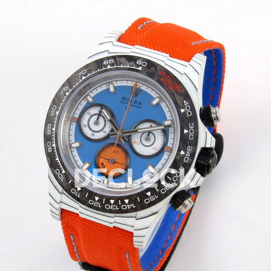 Rolex Daytona DIW Veloce Blue Dial DIWF replica - angled front view of white carbon case and orange strap