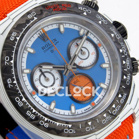 Rolex Daytona DIW Veloce Blue Dial DIWF replica - angled blue dial and black tachymeter bezel