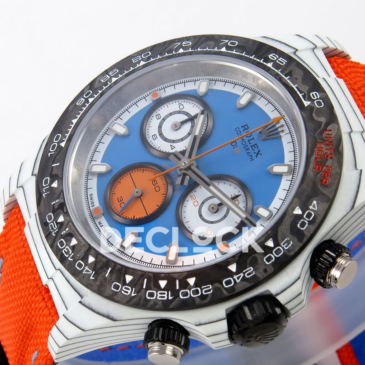 Rolex Daytona DIW Veloce Blue Dial DIWF replica - opposite angled blue dial and silver chronograph subdials