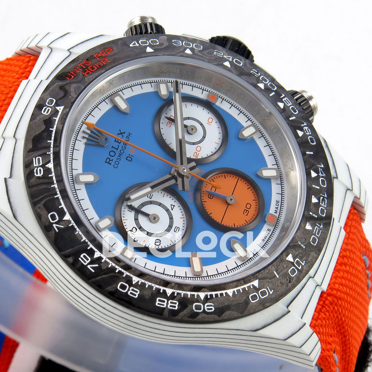 Rolex Daytona DIW Veloce Blue Dial DIWF replica - opposite dial angle with orange small-seconds counter